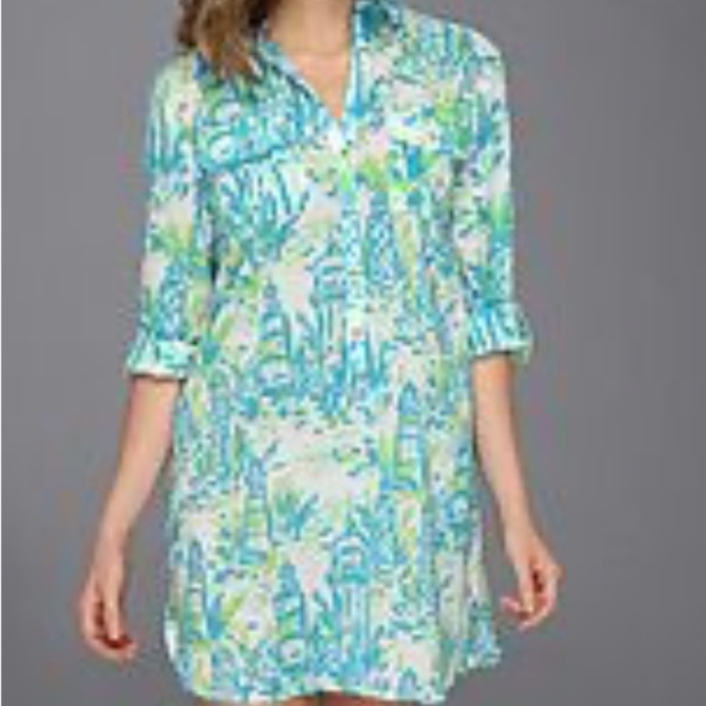 Lily Pulitzer Blue Green Captiva Coverup/ Shirt in “High Beams”  sz L GUC